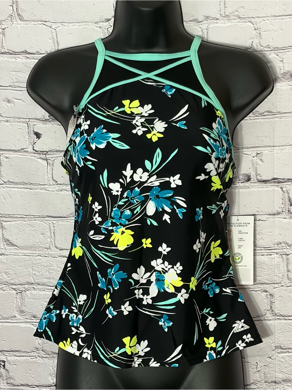 NWT ZeroXposur Tankini Swim Top XS (6) UPF 30+ Quick Dry Floral Black Halter